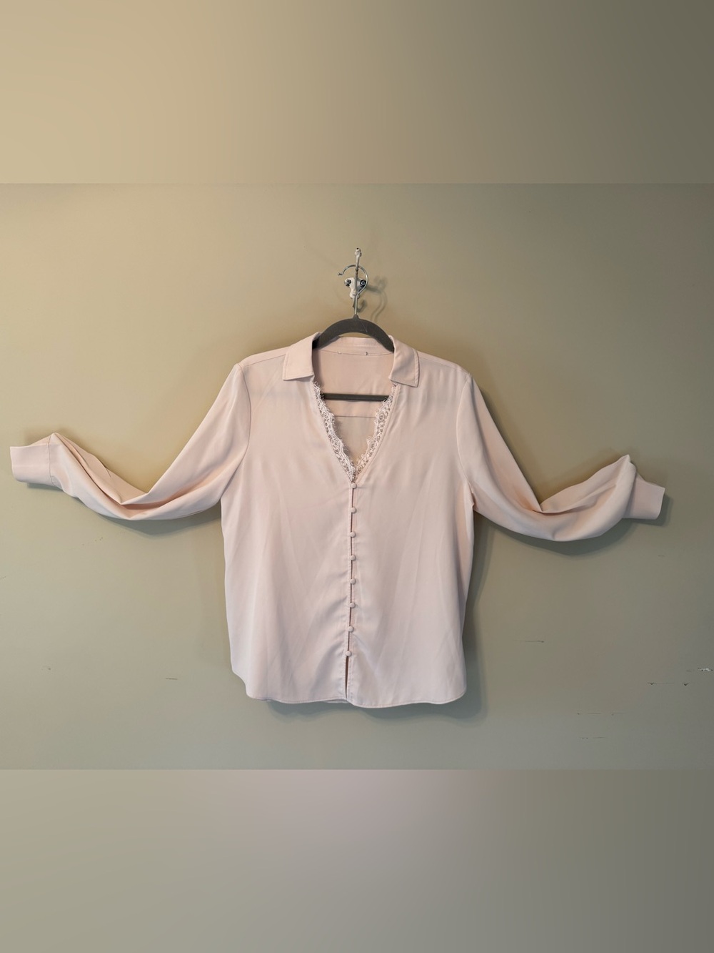 Lace-Trim V-Neck Button Front Women's Top - Cream with a hint of blush